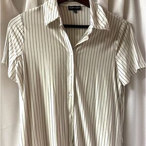 Modern Works button up with collar blouse in off white with black on stripe.